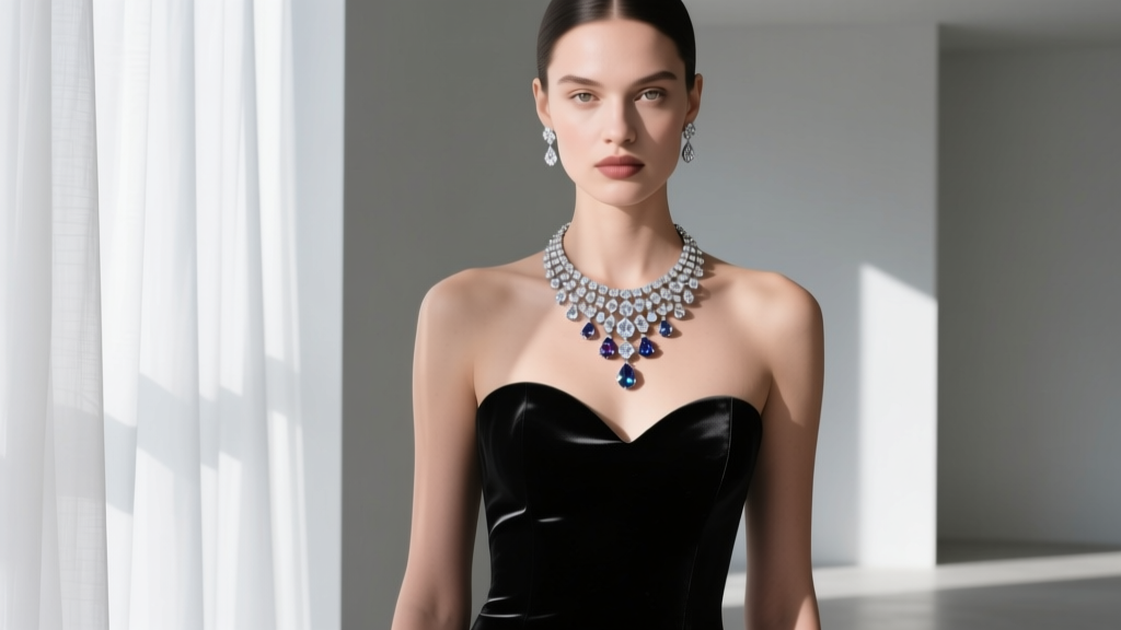 Fashion model wearing a dramatic diamond necklace chandelier over a black strapless sweetheart neckline gown in editorial lighting