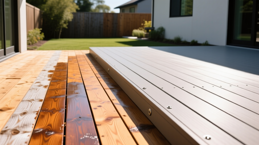 Weathered pressure-treated pine deck being stained next to a pristine capped composite deck with hidden fasteners in bright sunlight
