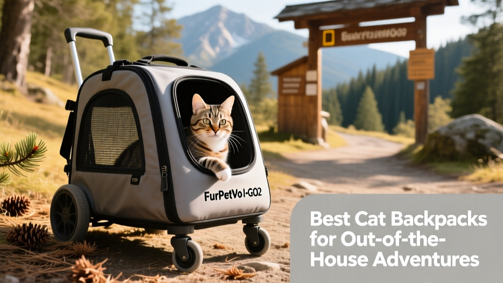 The FurPetVo I-GO2 carrier in rolling mode with a relaxed cat inside, parked beside a hiking trailhead