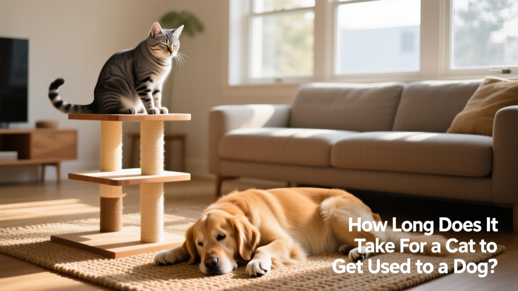 A relaxed cat sitting on a cat tree while a well-behaved dog rests nearby on the floor, both ignoring each other peacefully