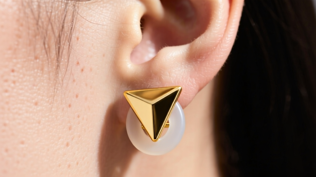 Close-up of an earlobe wearing an inverted gold triangle earring, showing a clear silicone backing lifting the heavy geometric base