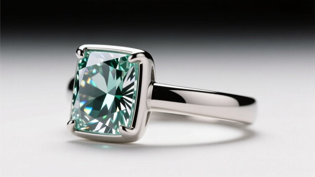 Side profile of a lab-grown emerald-cut diamond set in a minimalist platinum bezel ring, highlighting clarity and light return