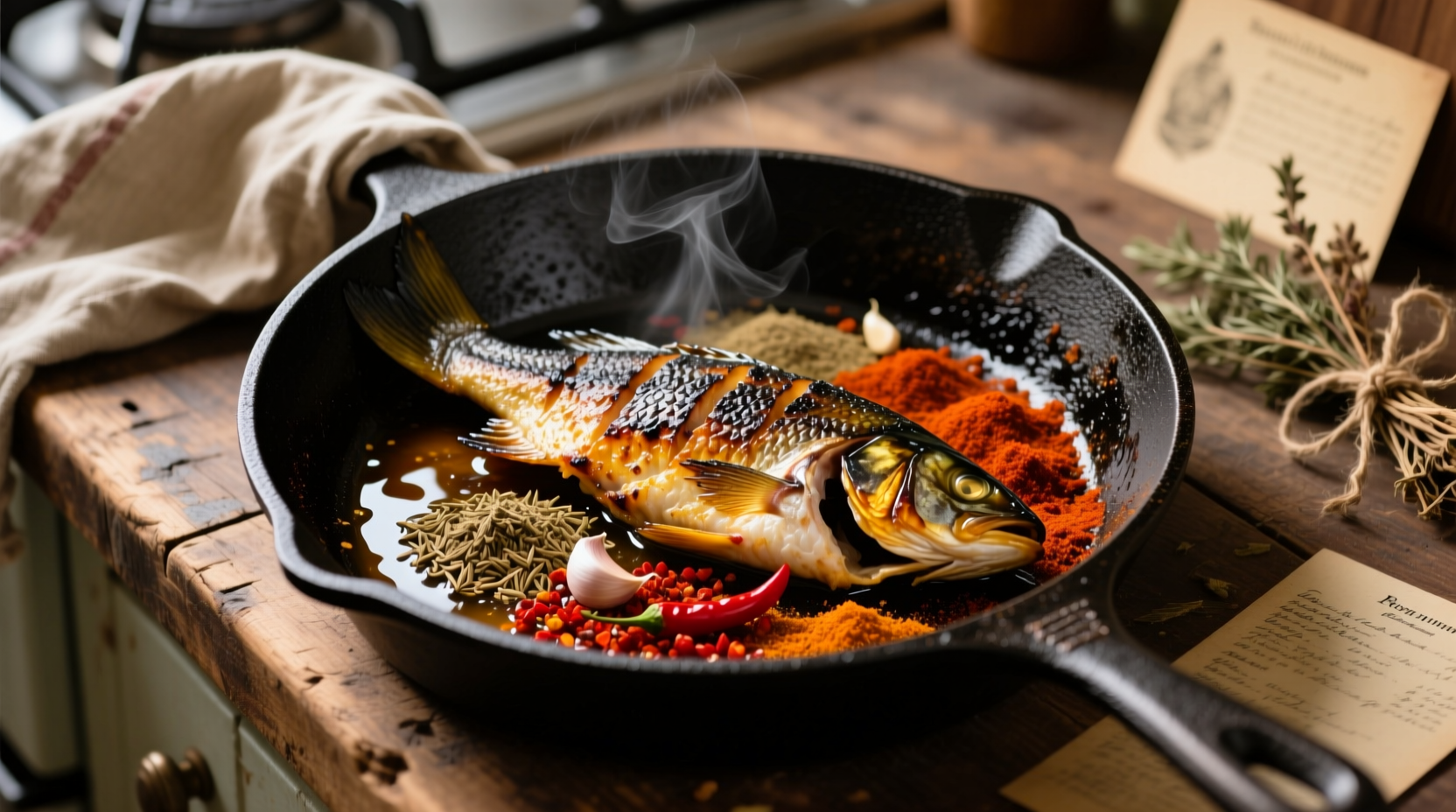 Cast iron skillet with blackened fish and spice blend