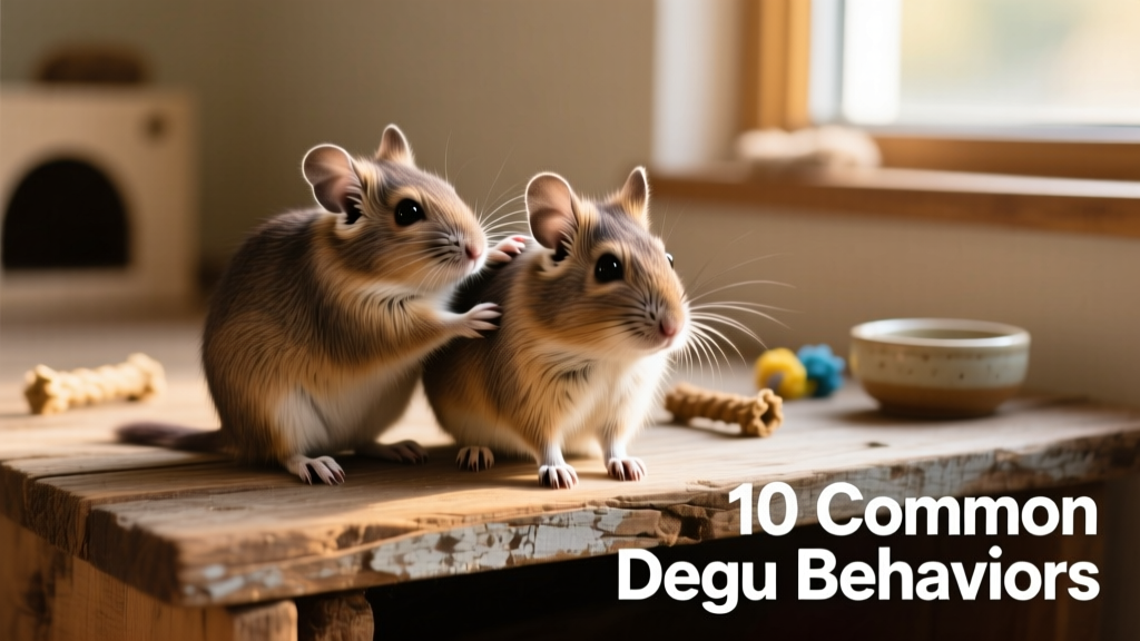 Two degus sitting side-by-side on a wooden platform, one gently grooming the other’s shoulder