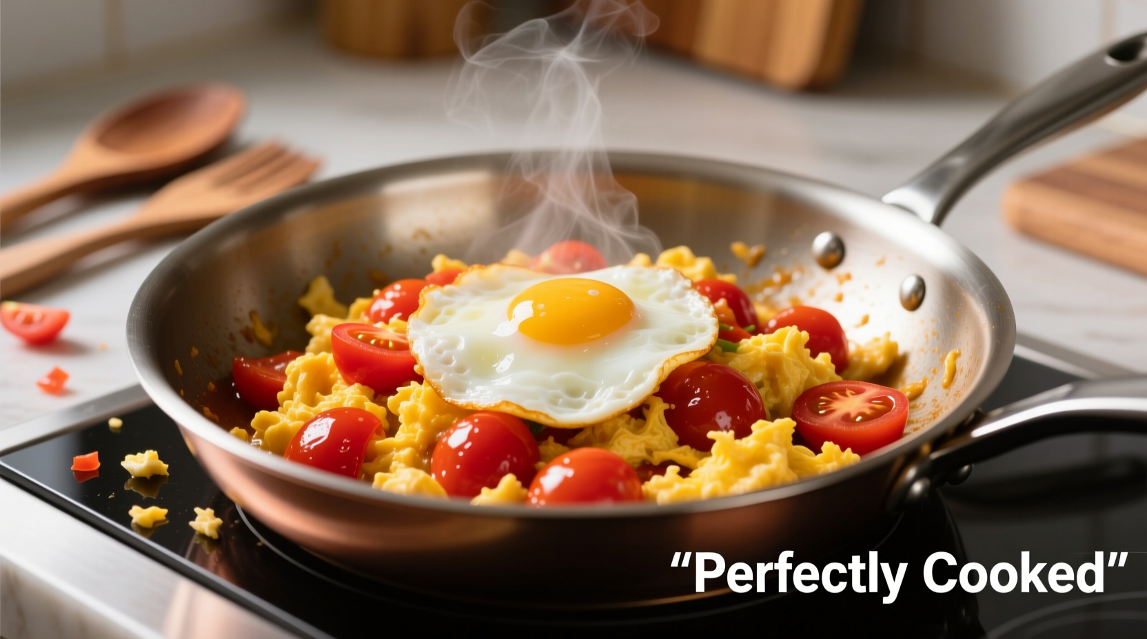 Perfectly cooked egg and tomato stir-fry in skillet