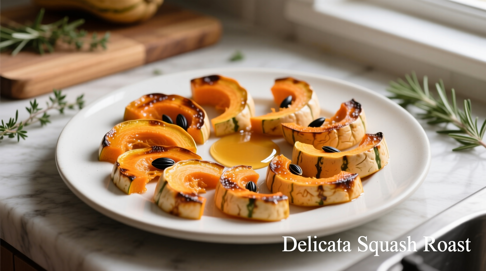 Roasted delicata squash slices on white plate