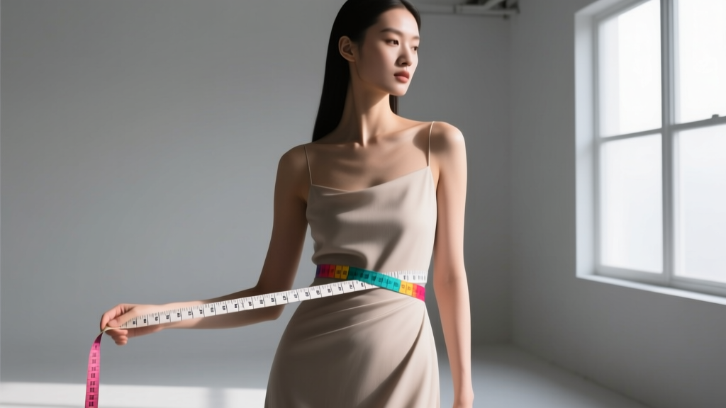 Soft measuring tape wrapped around a model's neck base, highlighting the exact 15-inch circumference mark in bright studio light.