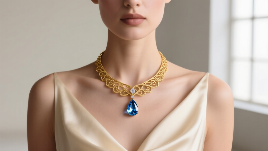 Model wearing a delicate 14k gold vermeil Cinderella choker necklace with a central teardrop blue crystal against soft cream silk