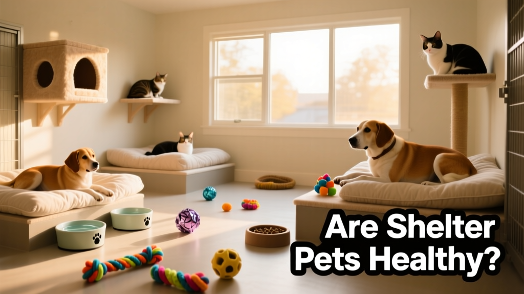 A clean, well-lit shelter kennel area with comfortable bedding, fresh water, and enrichment toys for dogs and cats