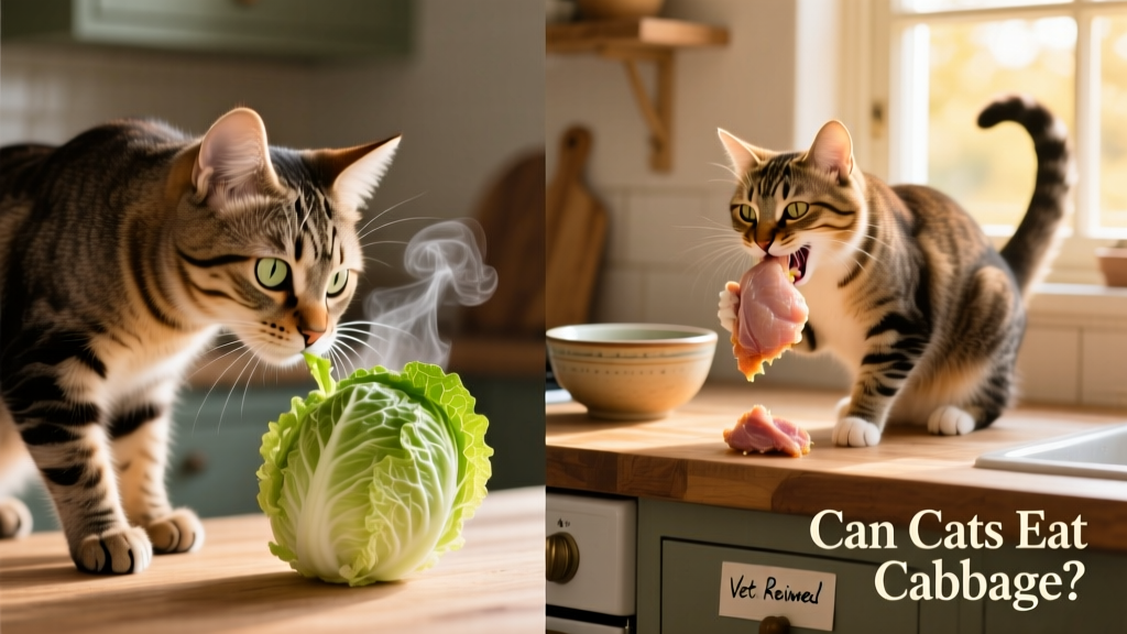 Side-by-side comparison: a cat cautiously sniffing a small piece of steamed cabbage versus happily eating a bite of lean chicken