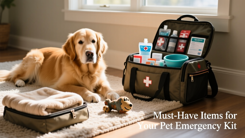 A calm dog resting beside a packed emergency kit, with a KONG toy nearby and a folded blanket visible in the carrier
