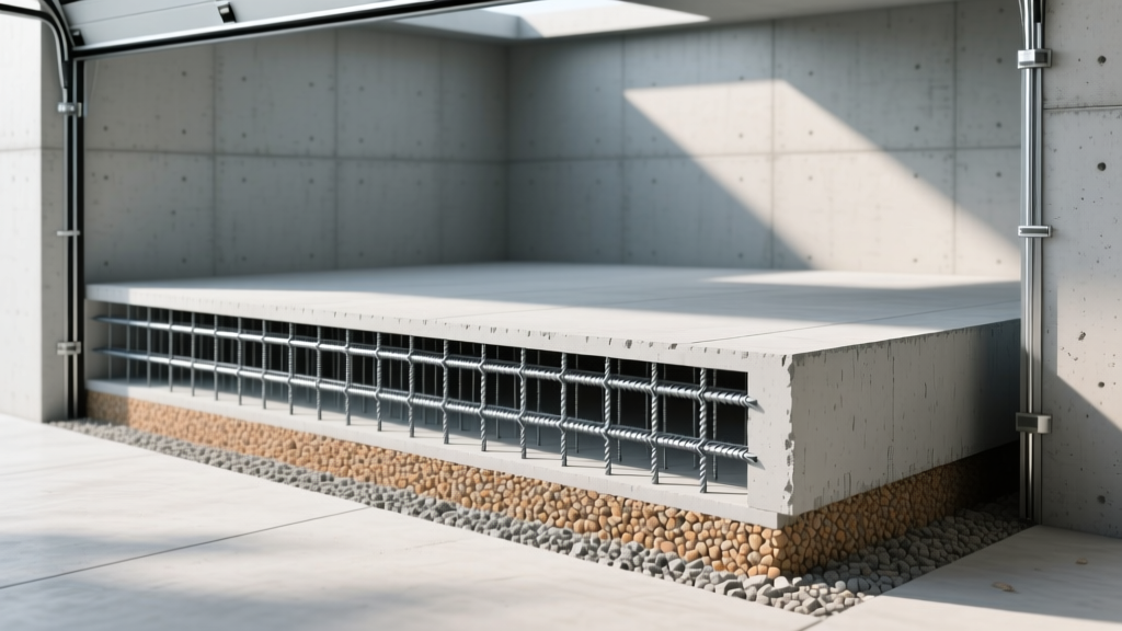 Cross-section blueprint of a thickened-edge monolithic garage slab showing rebar placement and compacted gravel base under a framed wall
