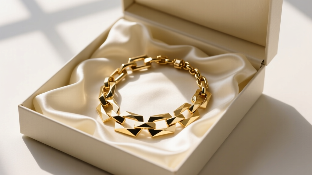 Opened gift box revealing a 1970s Grosse geometric gold-tone link necklace resting elegantly on cream silk tissue paper.