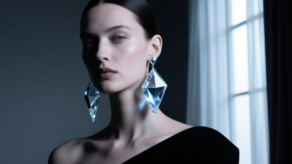 Editorial portrait of model wearing asymmetric geometric quartz drop earrings inspired by Fortress of Solitude, moody lighting.