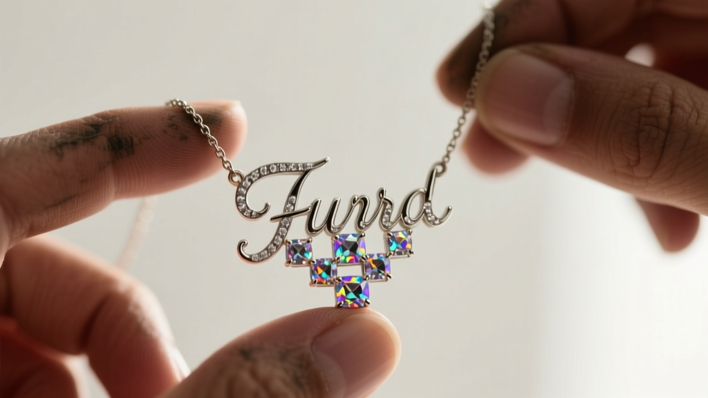 Close-up of a script Mrs pendant with pavé cubic zirconia stones, a jeweler