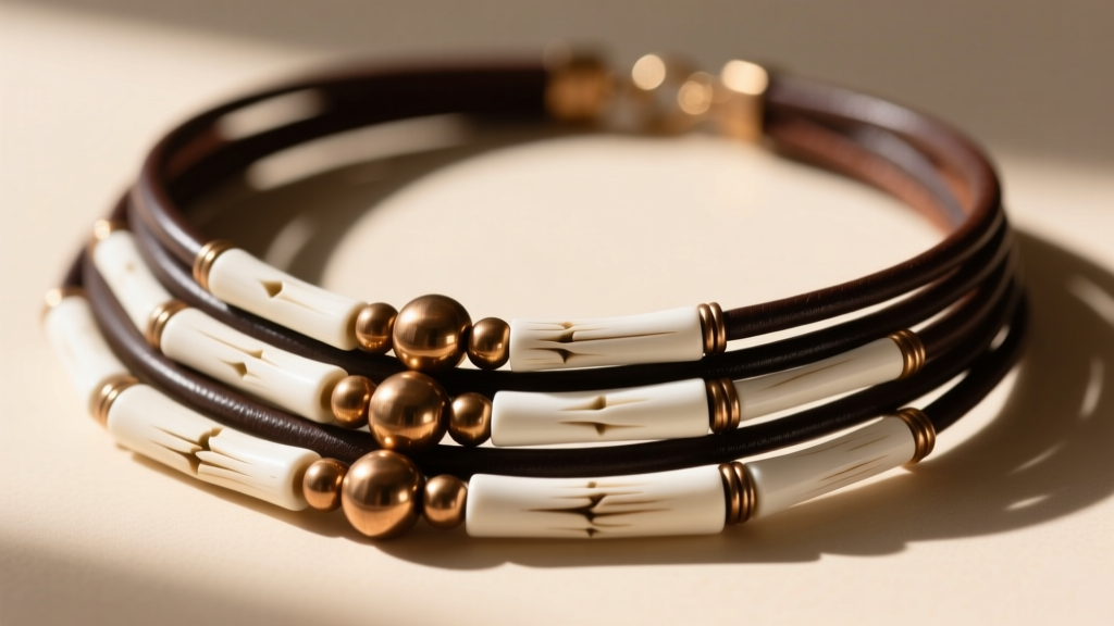 Close-up of a multi-strand Native American choker necklace featuring white bone hairpipes and brass spacer beads on dark leather.