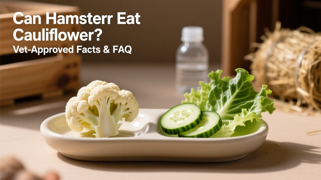 Side-by-side comparison: a small portion of cauliflower floret next to cucumber slices and romaine lettuce on a hamster-safe feeding dish
