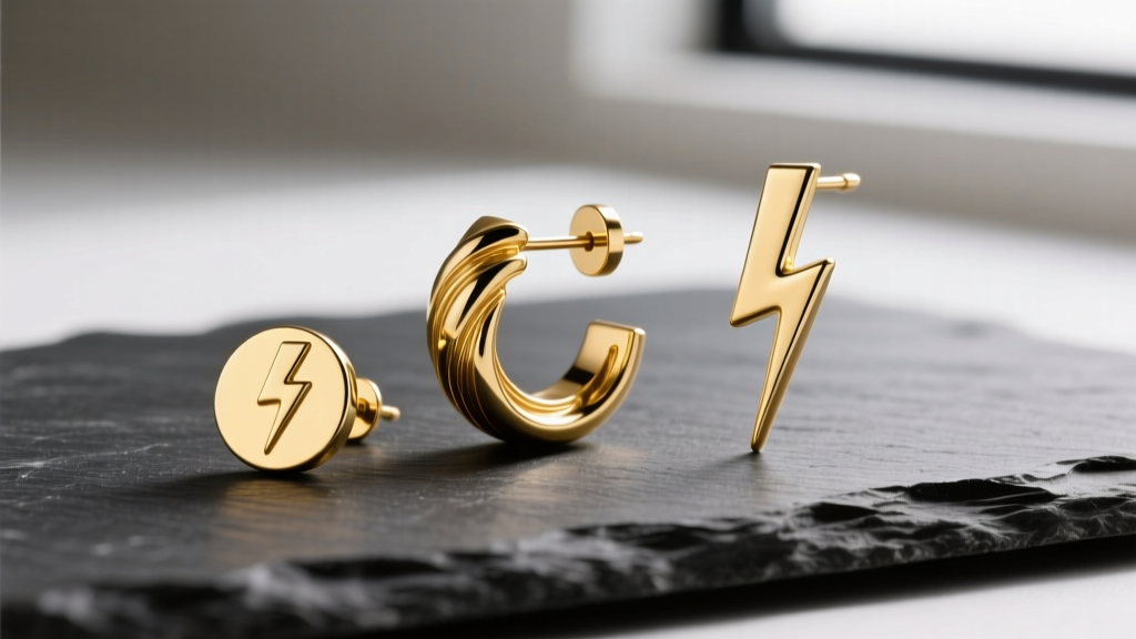 Flat lay of three gold lightning bolt earrings including a 20g stud, an 18g helix cuff, and a dangle, resting on dark slate.