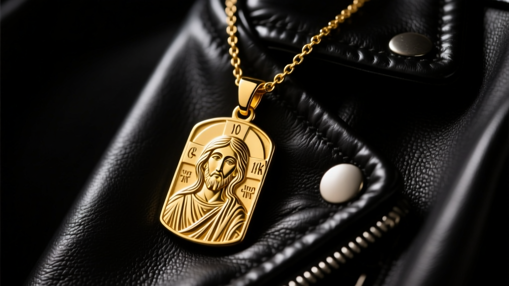 Close-up of a vintage-style solid 14k yellow gold Jesus pendant necklace resting on a black leather jacket, moody studio lighting