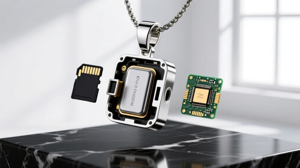 Exploded view of a silver camera pendant showing the internal lithium-polymer battery, micro-SD slot, and CMOS sensor board.