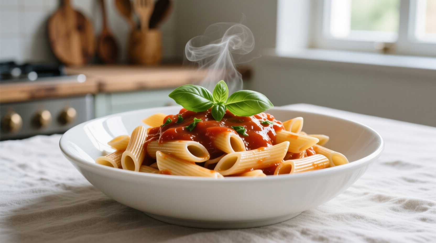 Perfectly cooked penne pasta in white bowl