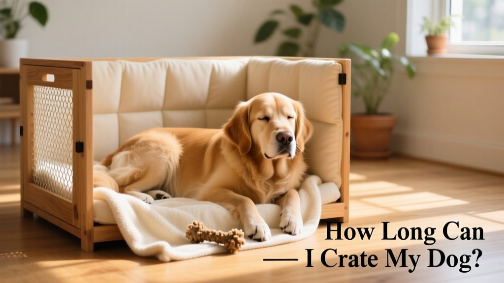 A calm, relaxed dog resting comfortably inside a well-padded crate with a soft blanket and chew toy