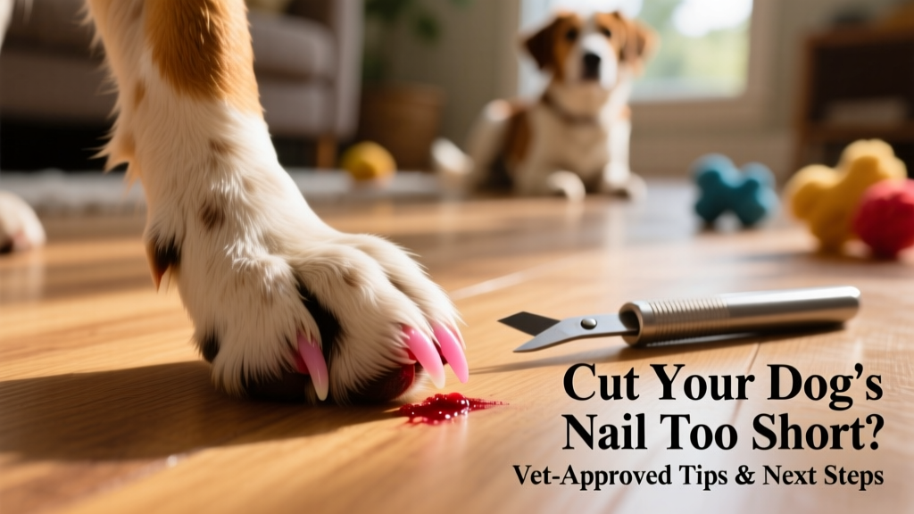Close-up of a dog's paw with one nail slightly bleeding, showing proper nail trimming angle and visible quick