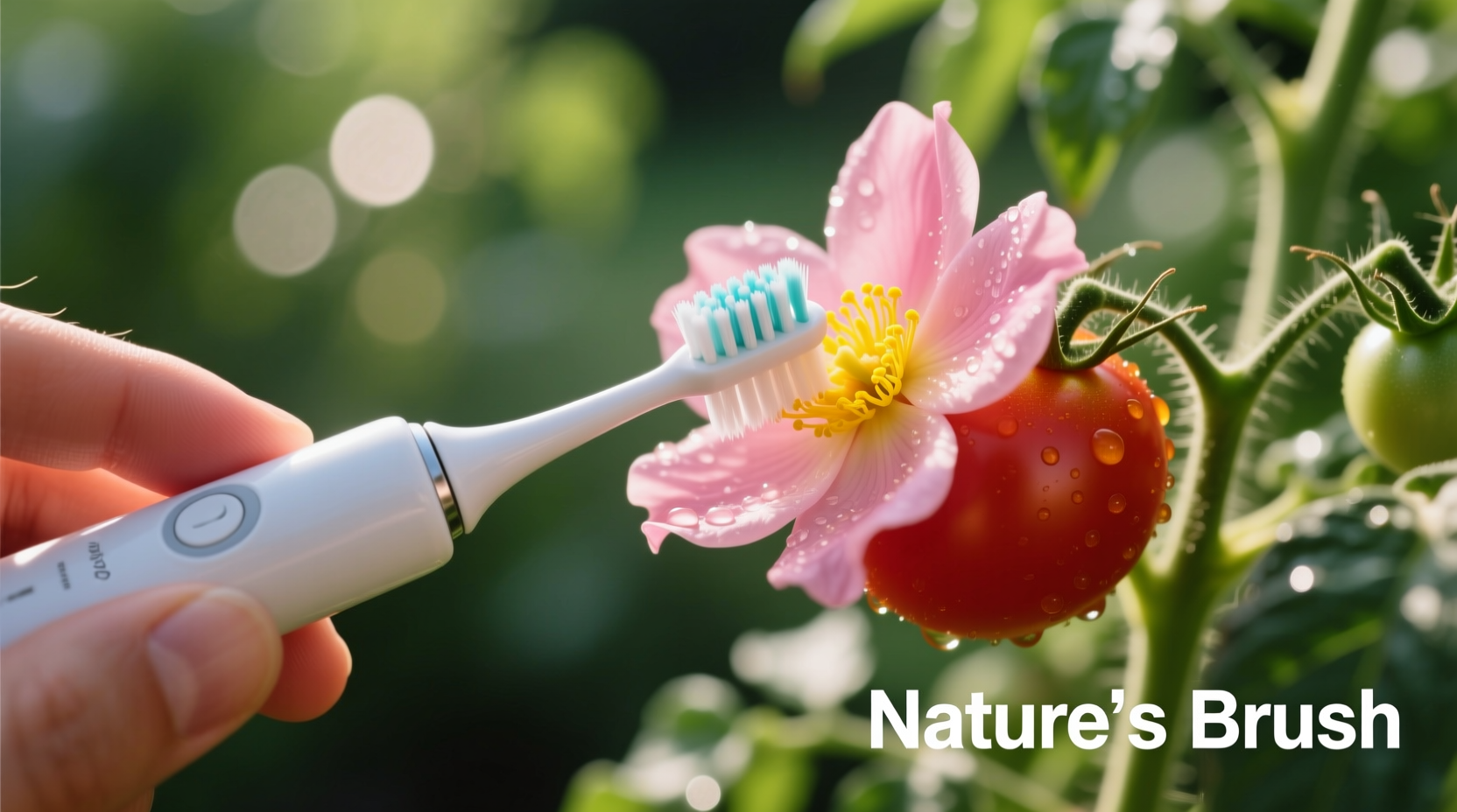 Close-up of hand using electric toothbrush on tomato flower