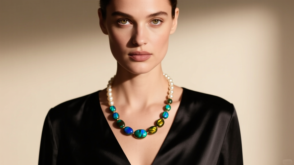Close-up of a model wearing an 18-inch princess labradorite and pearl necklace over a black silk V-neck blouse in soft light.