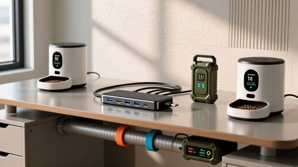 Pet tech desk featuring a multi-port USB-C hub connected to a rugged external SSD and two smart feeders with neat cable management.