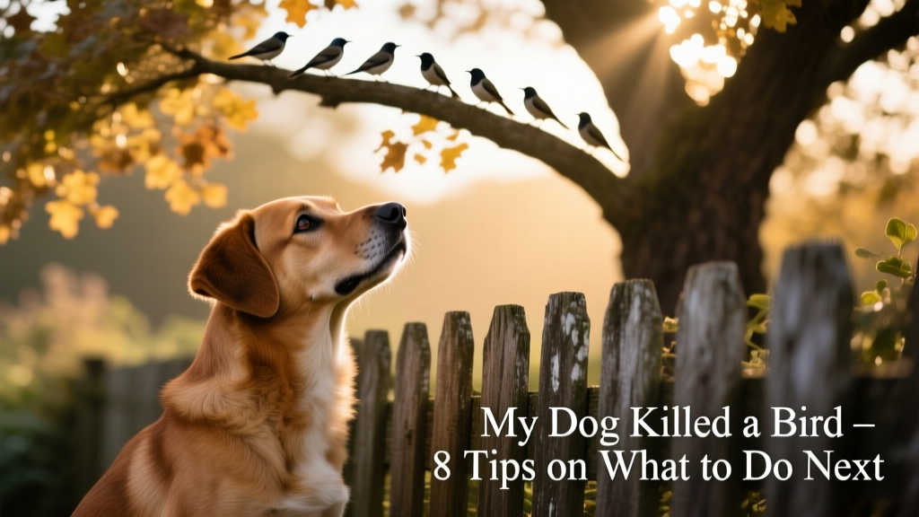 A calm dog standing near a garden fence, looking toward birds in a nearby tree