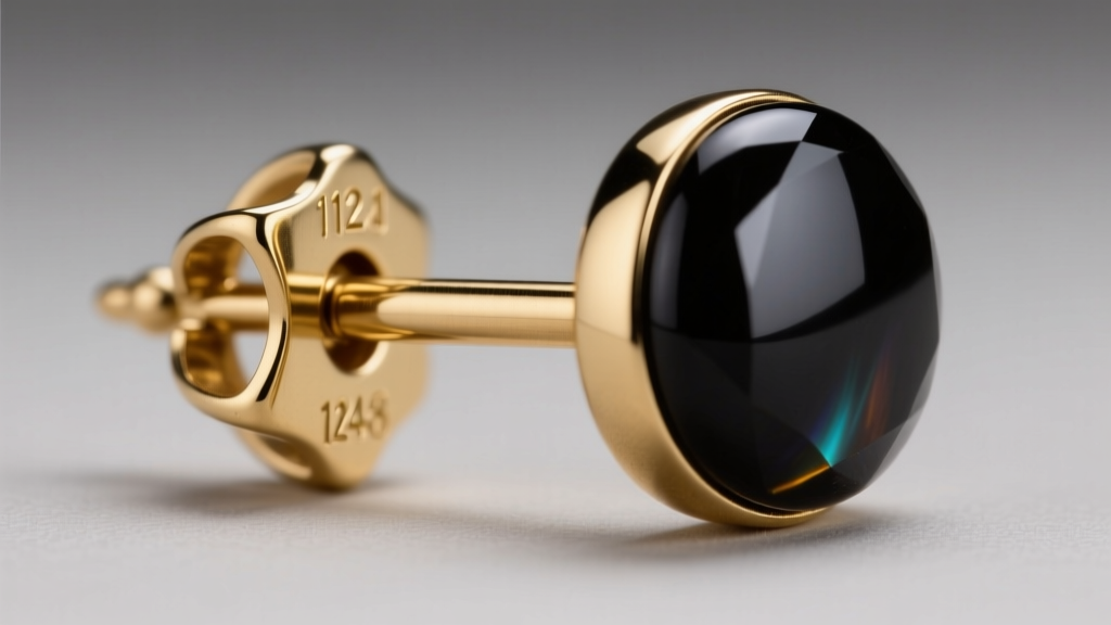 Close-up of a threadless 12-gauge 14k gold mens earring post, showing the bent pin tension fit next to a dark polished onyx stone.