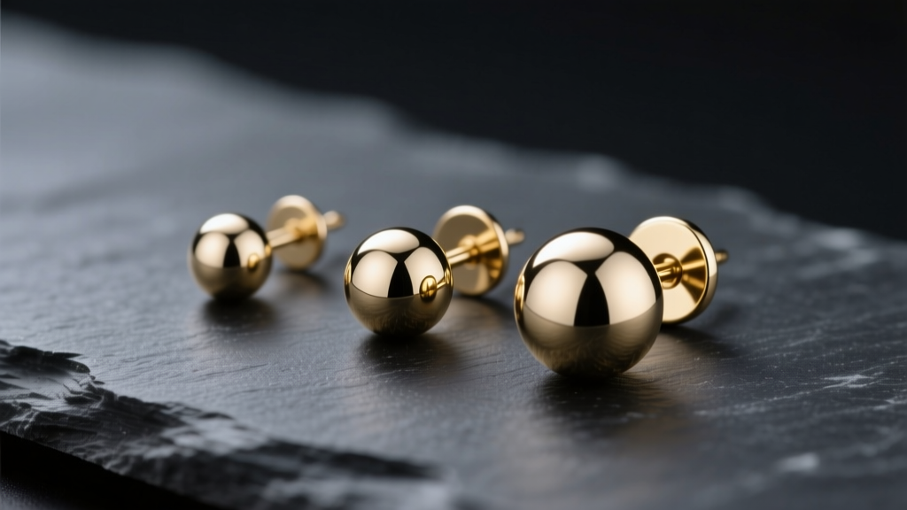 Close-up of three 14k white gold ball earrings in 3mm, 5mm, and 8mm sizes on dark slate under soft directional studio lighting