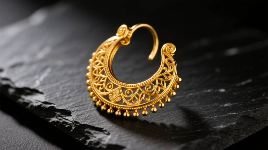 Macro shot of a 22k yellow gold Indian Jhumka earring on dark slate, showing intricate filigree under warm studio lighting.