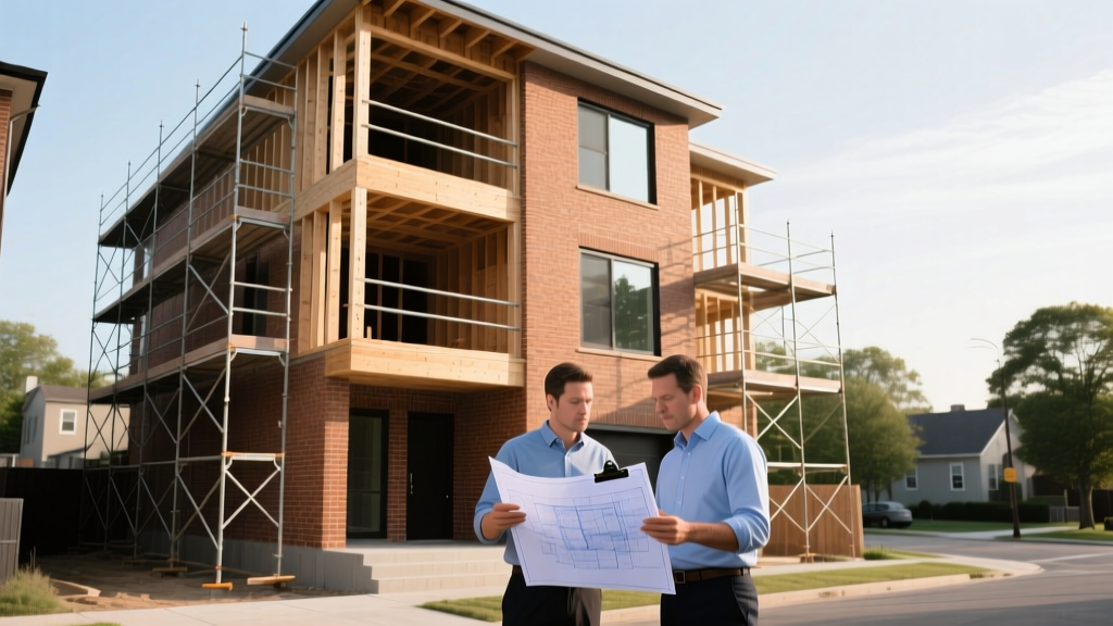 Modern three-story brick townhouse under construction with scaffolding, exposed framing, and architects reviewing blueprints