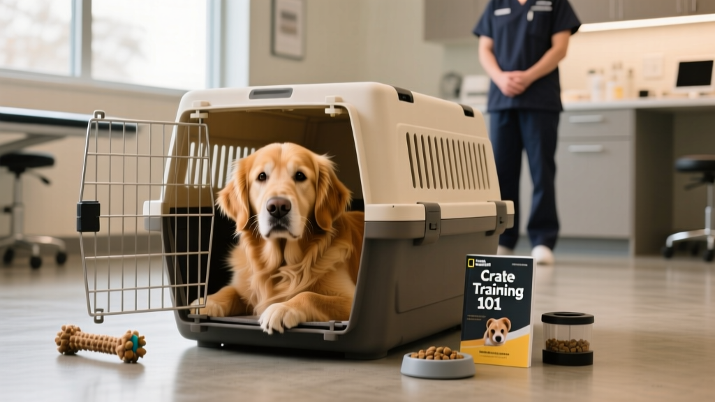 A relaxed golden retriever lying in their crate at a veterinary clinic, looking calmly at the camera