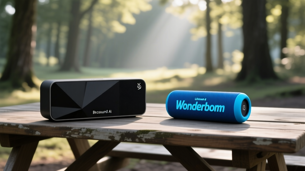 Side-by-side comparison of Bang and Olufsen Beosound A1 and Ultimate Ears Wonderboom 4 sitting on a wooden picnic table outdoors