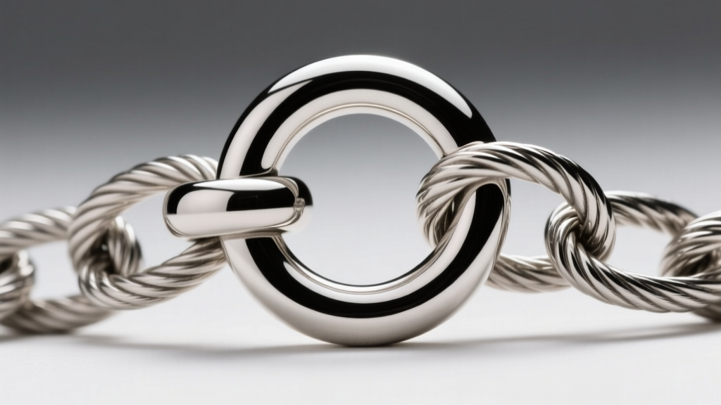Close-up of a heavy sterling silver toggle clasp on a thick cable chain, showing the T-bar and large soldered O-ring hardware.