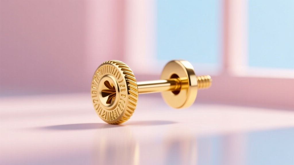 Macro view of a 20-gauge 18k yellow gold earring post with screw-back threading, set against a soft, blurred pastel background.