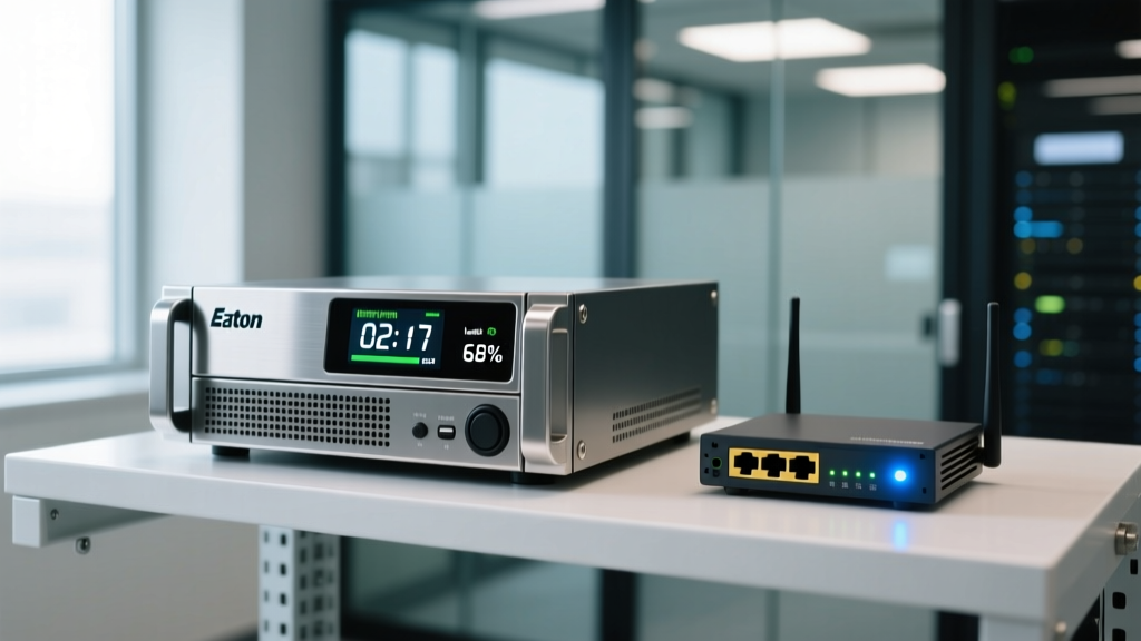 An Eaton 5PX rackmount UPS system with an LCD screen showing battery runtime and load percentage next to a blinking network router.