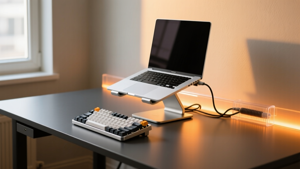 A clean remote work desk setup featuring a budget mechanical keyboard and laptop stand illuminated by warm bias lighting in 2026.
