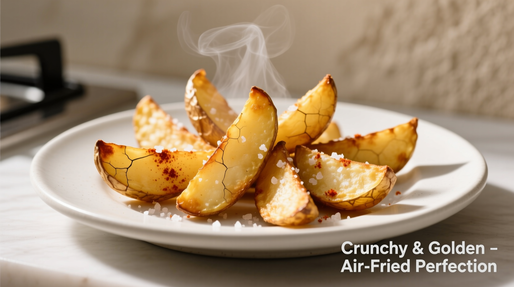 Golden air-fried potato wedges on white plate