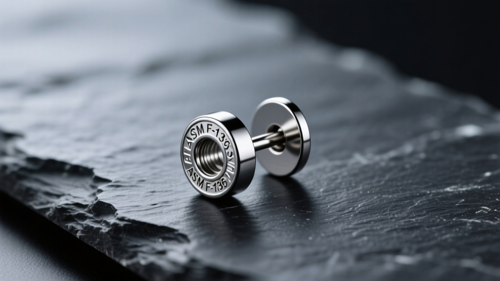 Macro shot of an ASTM F-136 titanium threadless earring post on dark slate, sharp focus, high contrast studio lighting, detailed.