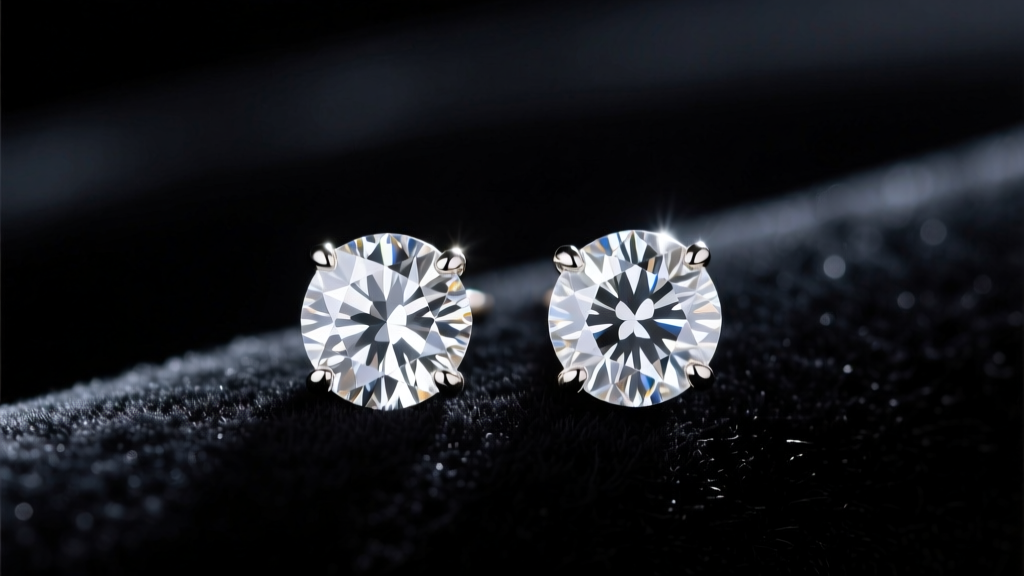 Close-up of Kwiat Tiara cut diamond stud earrings resting on dark velvet under soft, directional studio lighting.