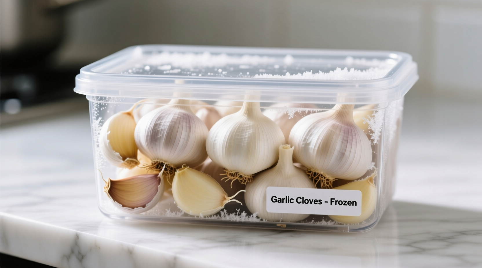 Fresh garlic cloves arranged for freezing
