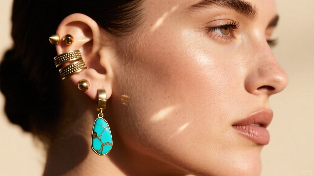 Close-up of a curated ear stack featuring raw brass studs and uncut turquoise drop earrings on a model with warm sunlit skin.