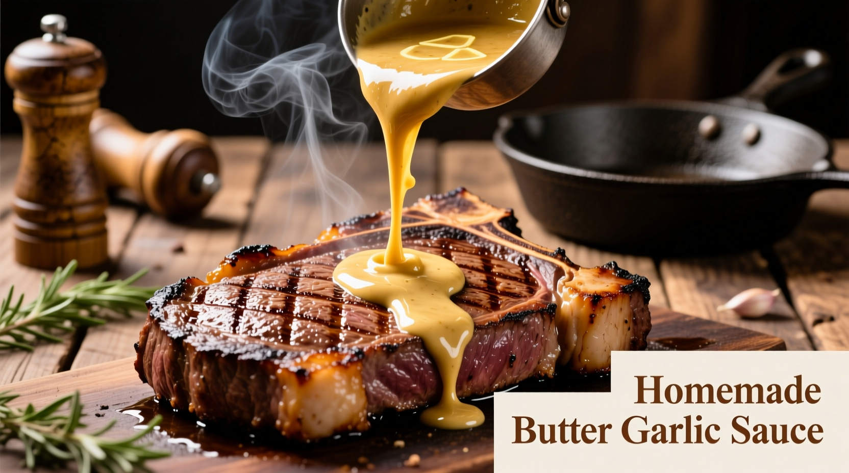 Homemade butter garlic sauce being poured over grilled steak
