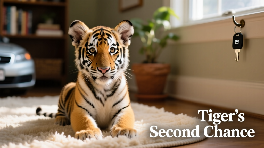 A gentle close-up of Tiger, the rescued puppy, sitting calmly on a soft rug with bright, curious eyes