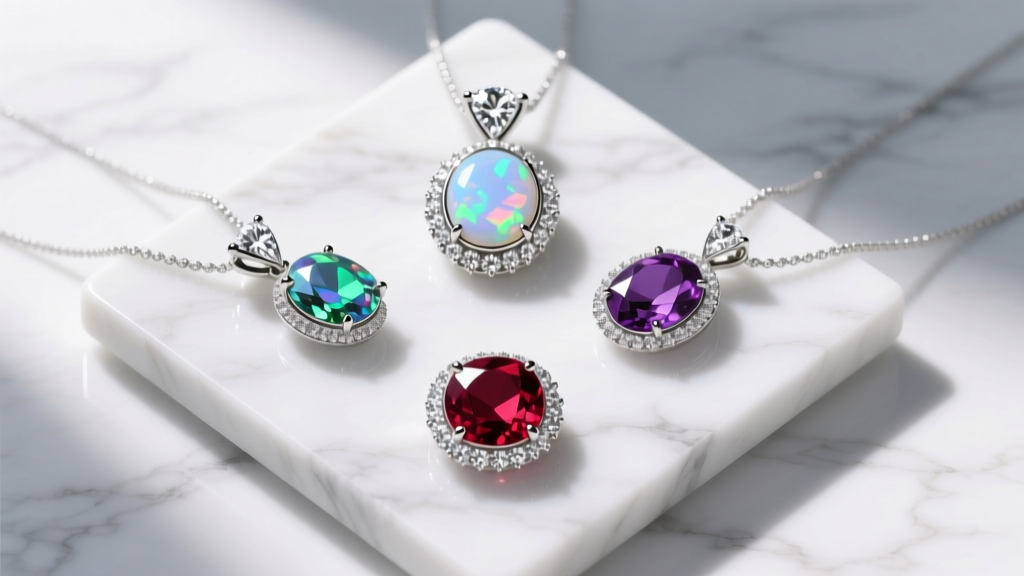 Overhead view of three pendants: a prong-set diamond, a bezel-set opal, and a halo-set ruby on a minimalist white marble slab.