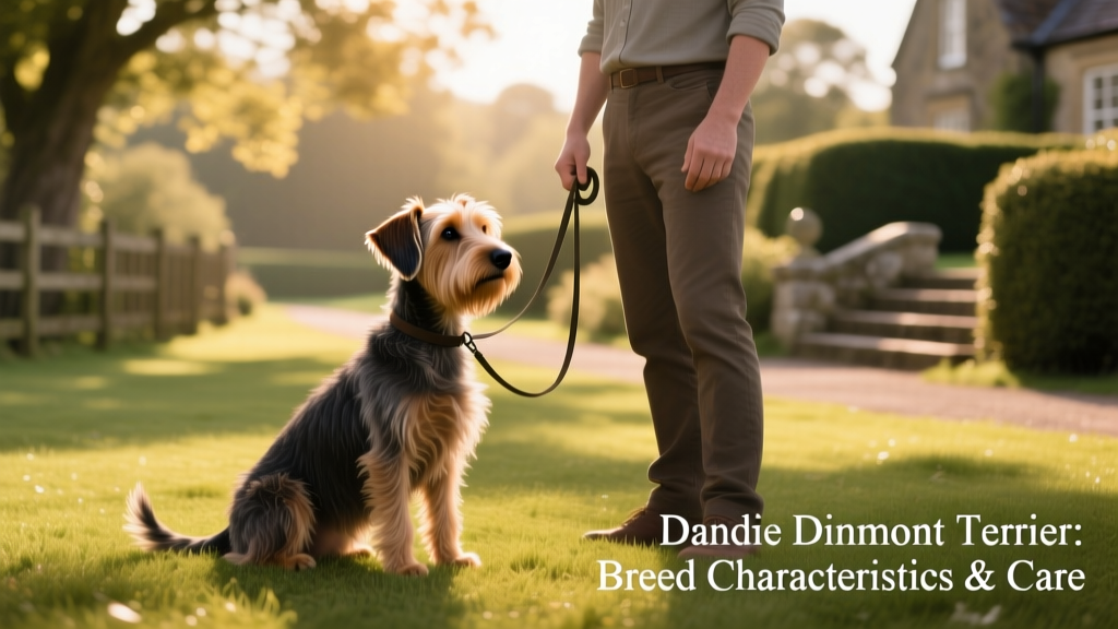 A well-groomed Dandie Dinmont Terrier sitting attentively beside its owner during a training session outdoors